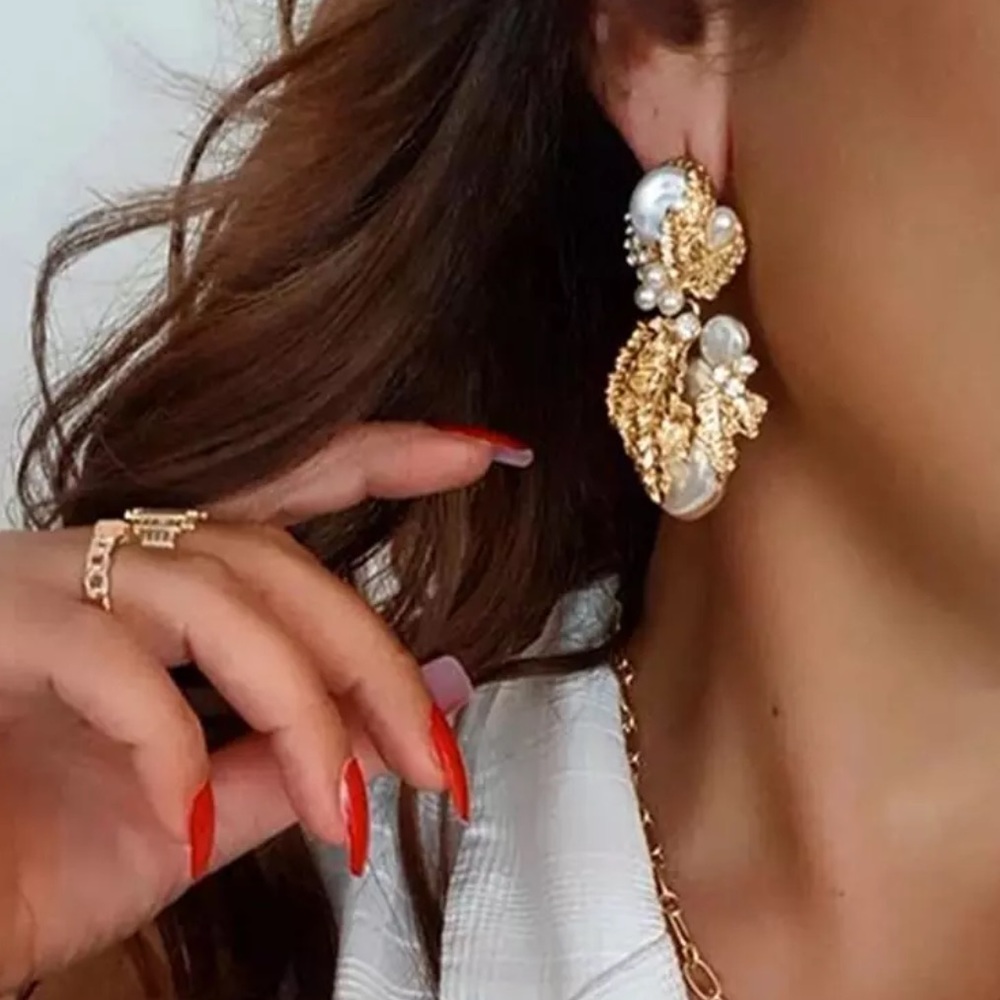 Zara Gold Rhinestone Pearl Earrings - Picture 5 of 8